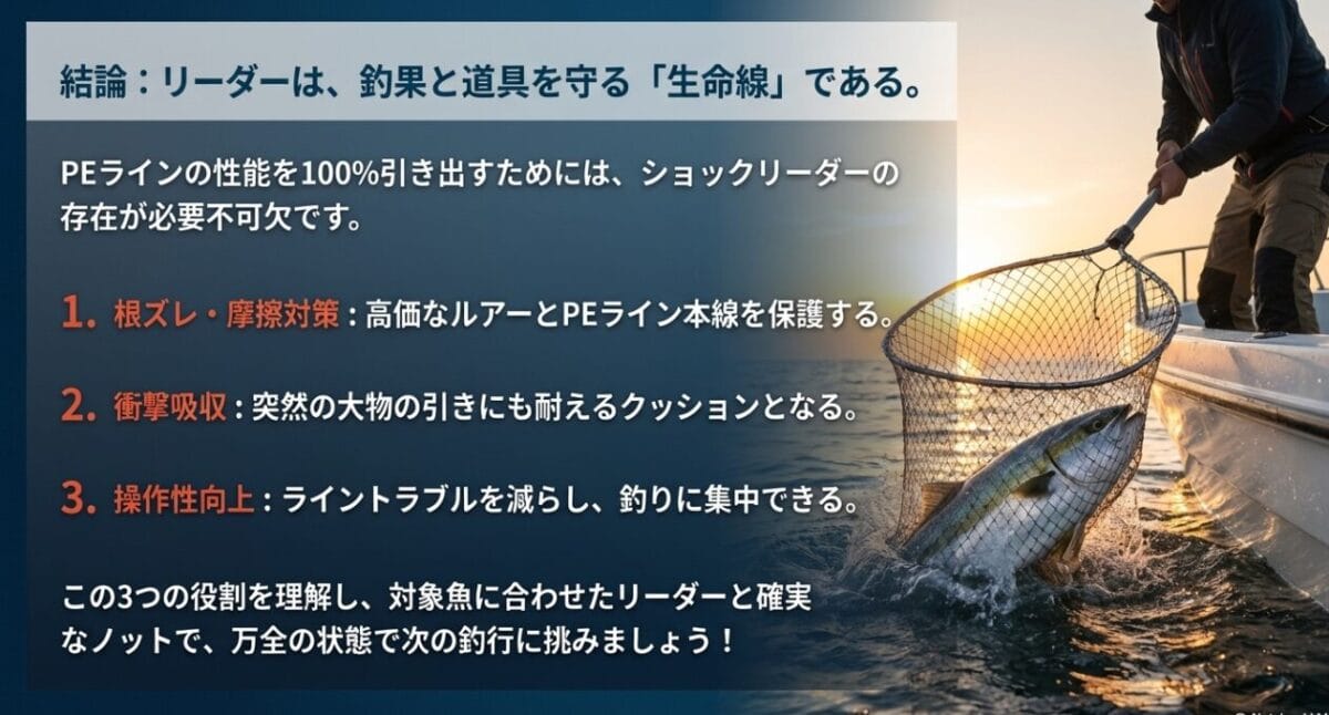 ショックリーダーが果たす「根ズレ・摩擦対策」「衝撃吸収」「操作性向上」という3つの役割をまとめたスライド。