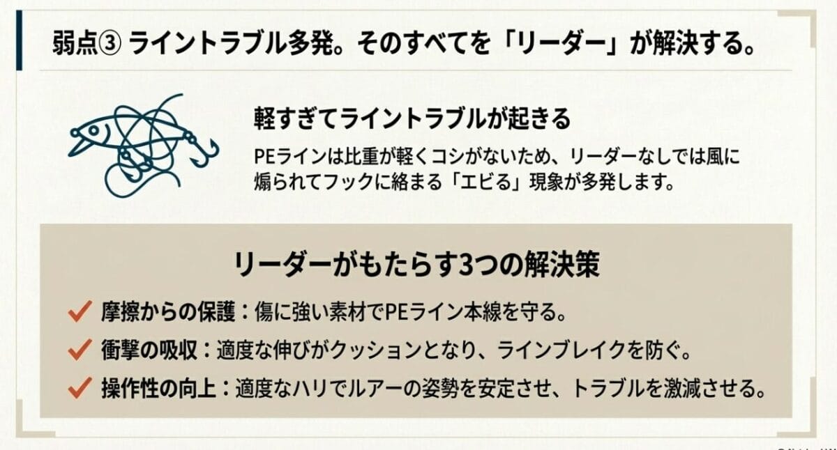 ルアーにラインが絡まる「エビる」現象のイラストと、リーダーがもたらす3つの解決策（摩擦からの保護、衝撃の吸収、操作性の向上）についての解説