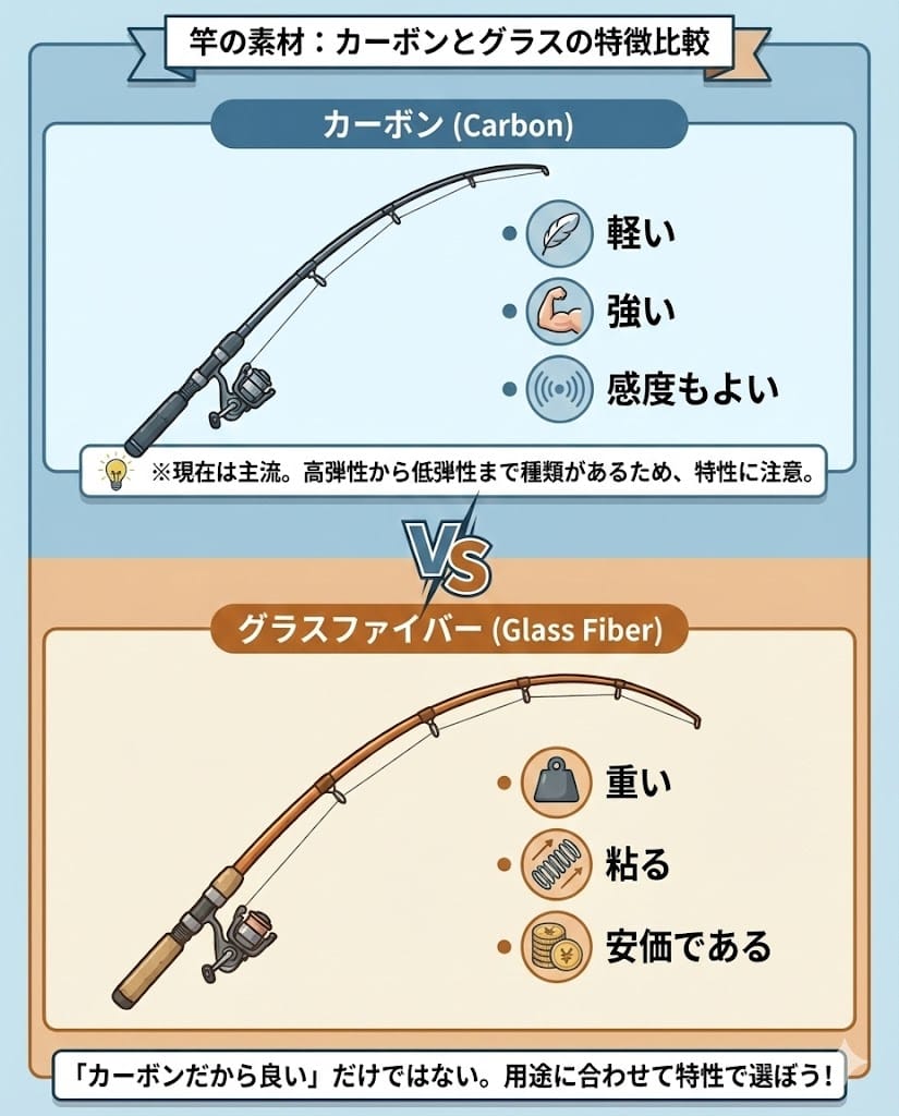 竿の素材はカーボンとグラス