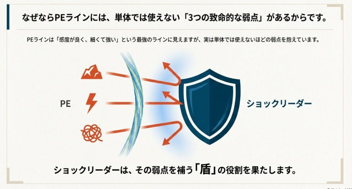 PEラインの弱点である摩擦、衝撃、ライントラブルから、ショックリーダーが「盾」となって守っているイラスト