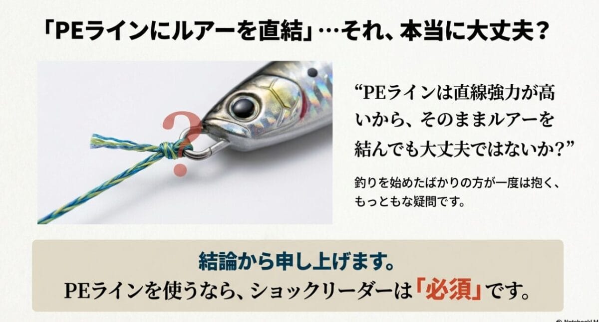 ルアーにPEラインを直結しているイメージ画像。「直結は本当に大丈夫？」という疑問符が描かれており、初心者が抱きがちな疑問を表現している。