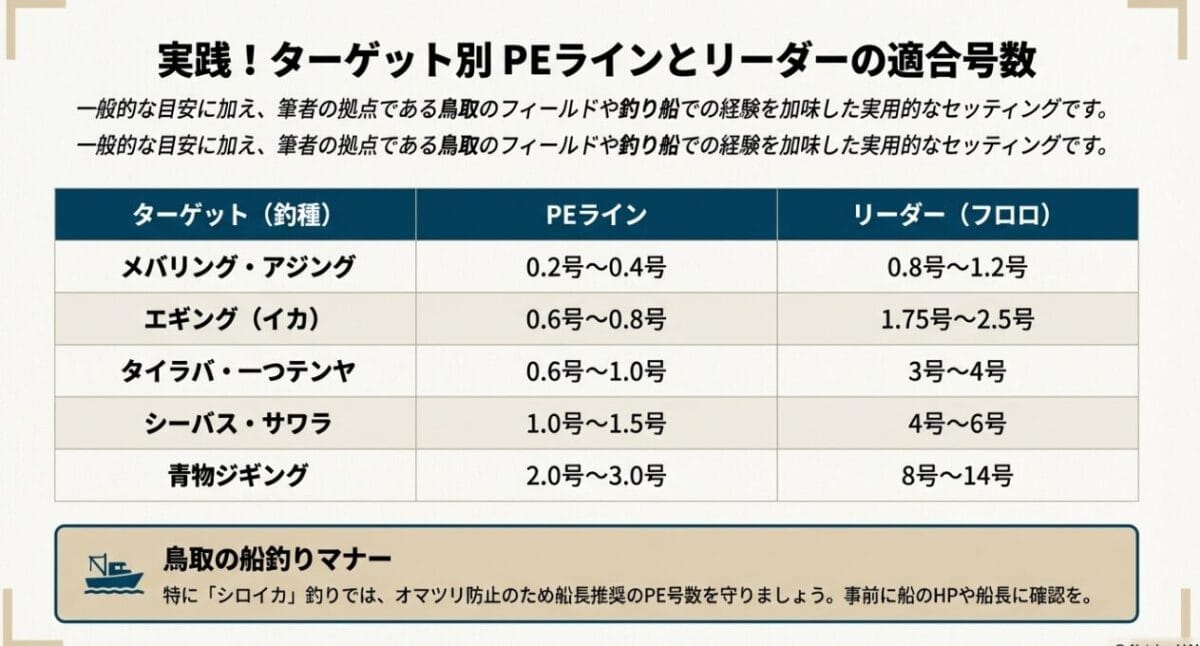 鳥取のフィールドや釣り船での経験を加味した、メバリング、エギング、タイラバ、青物ジギングなどのターゲット別ライン号数推奨リスト。