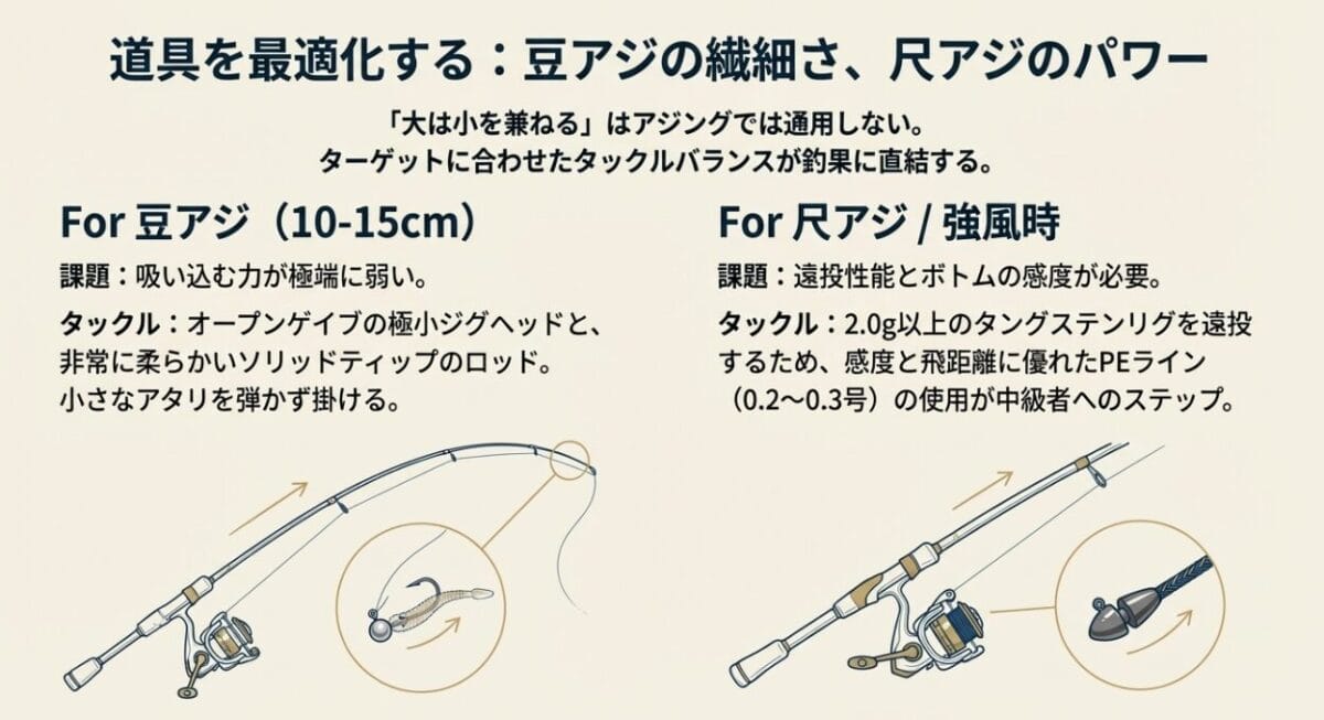 豆アジと尺アジに対応するアジングタックルの最適化図解