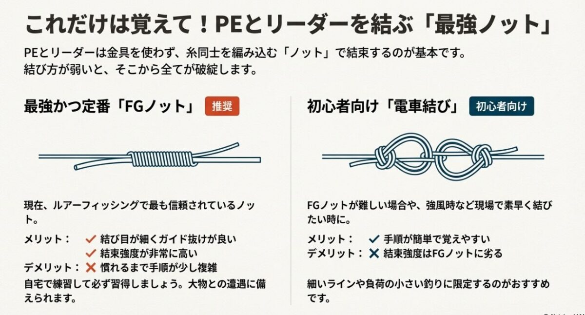 PEラインとリーダーを結ぶ「FGノット」と「電車結び」のイラスト解説。それぞれの結束強度や難易度などのメリット・デメリットが記載されている。