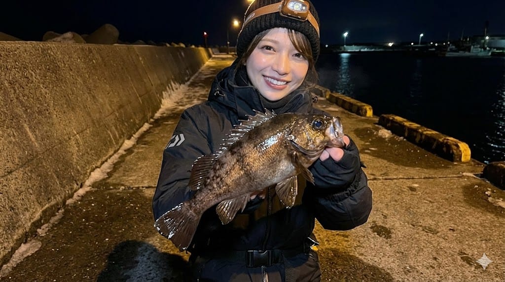 夜釣りで良型メバルを釣った釣りガール
