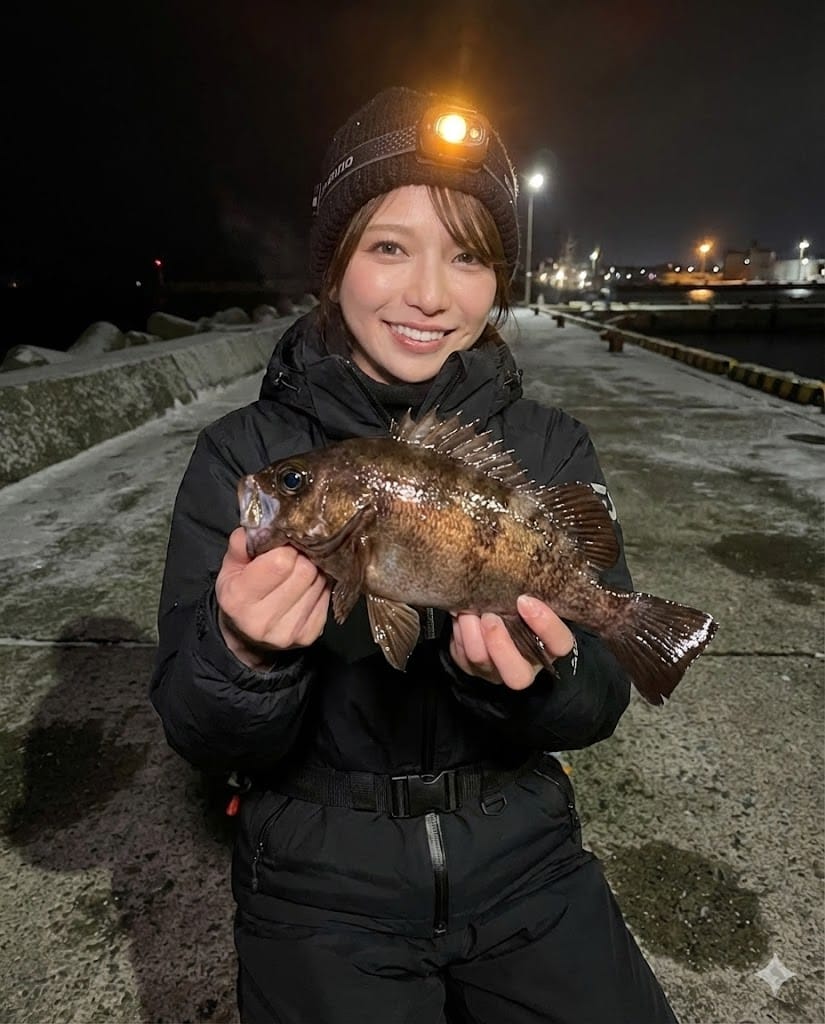 夜釣りで良型メバルを釣った釣りガール