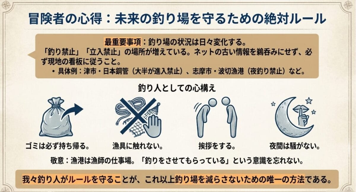 釣り人のマナーとルール啓発：ゴミ持ち帰り・立入禁止遵守・挨拶の励行
