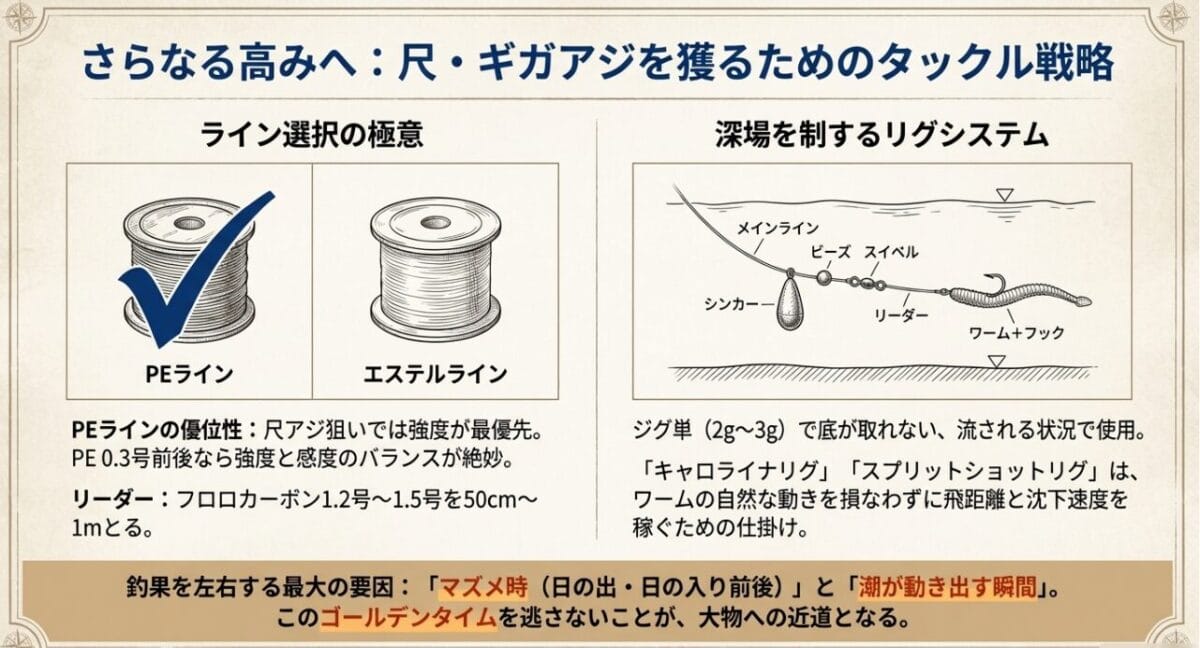 尺アジ・ギガアジ狙いのタックル図解：PEラインとキャロライナリグのセッティング