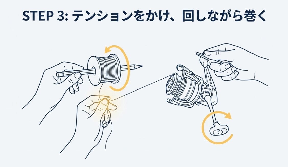 鉛筆などを軸にしてスプールを回転させ、テンションをかけながらリールを巻くイラスト