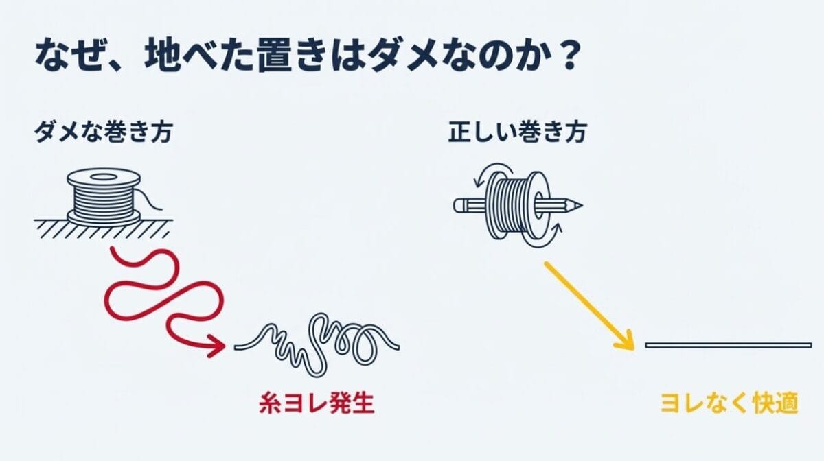 スプールを縦方向に回転させずに糸を引き出すとヨレが発生する仕組みの図解
