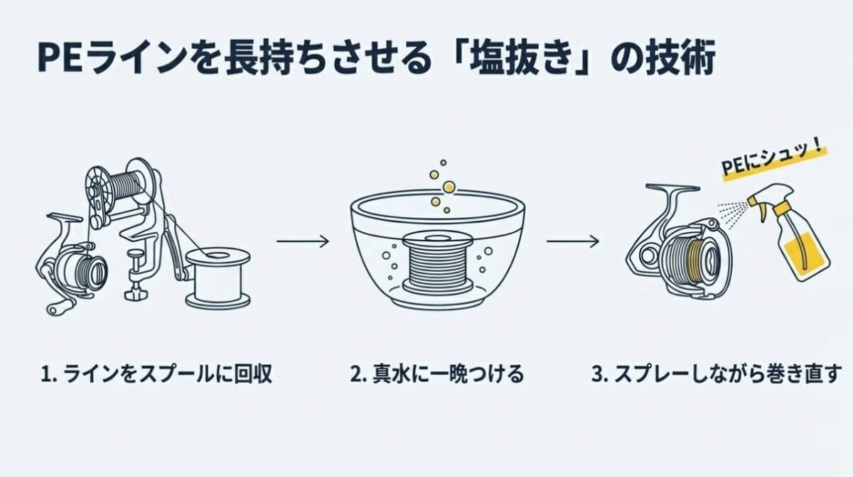 PEラインを長持ちさせる塩抜きの流れ：回収・つけ置き・スプレー・巻き直し