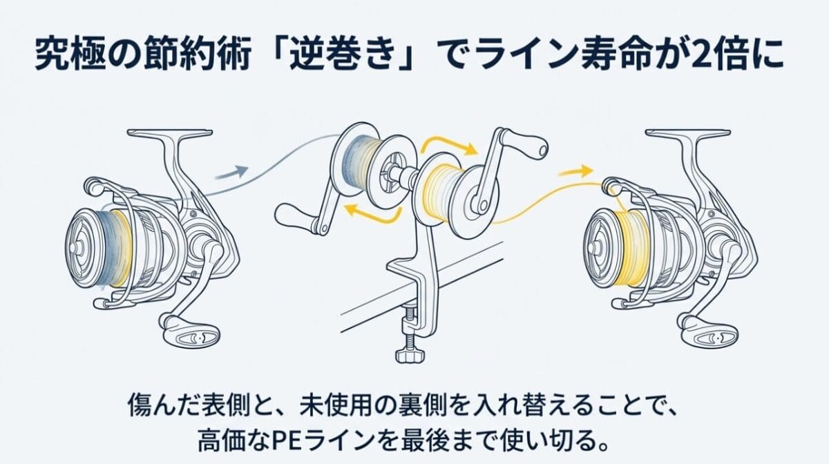 傷んだラインの先端と未使用の根本を入れ替えて寿命を延ばす「逆巻き」の手順図