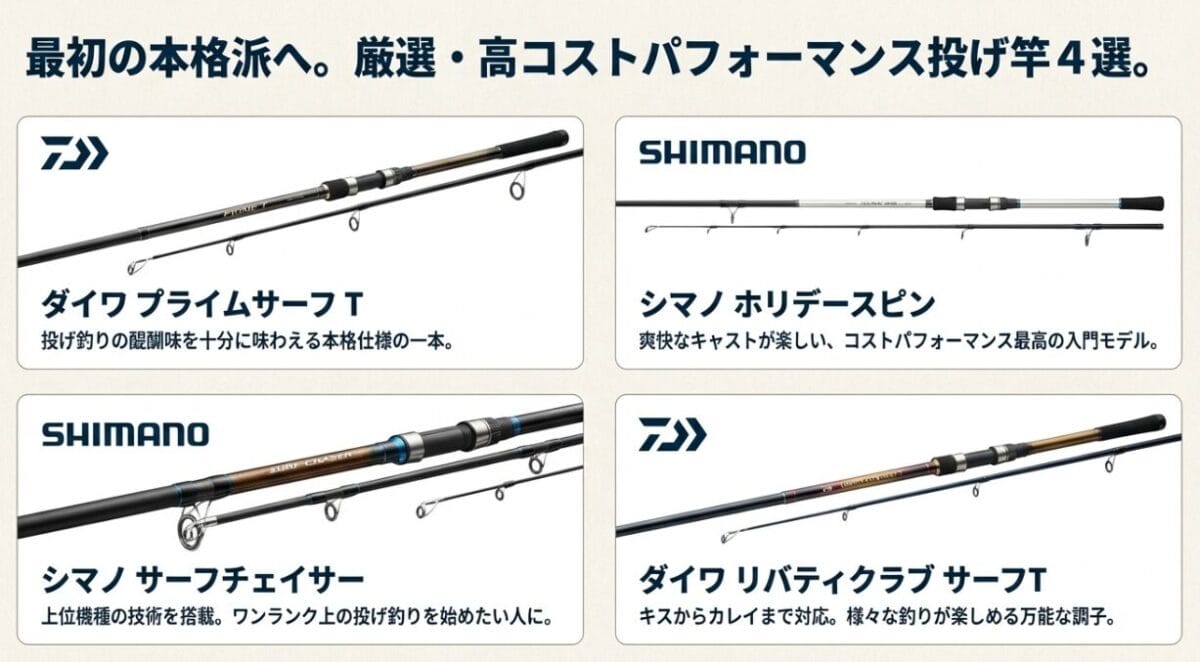 初心者におすすめの本格派投げ竿厳選4選（シマノ・ダイワのエントリーモデル）