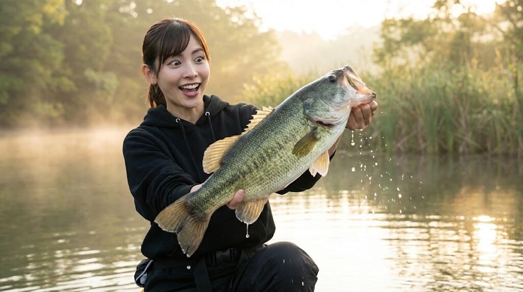ブラックバスを釣った女性