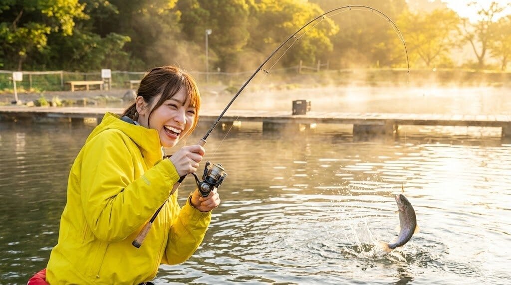 トラウトロッドでトラウトを釣って喜ぶ女性