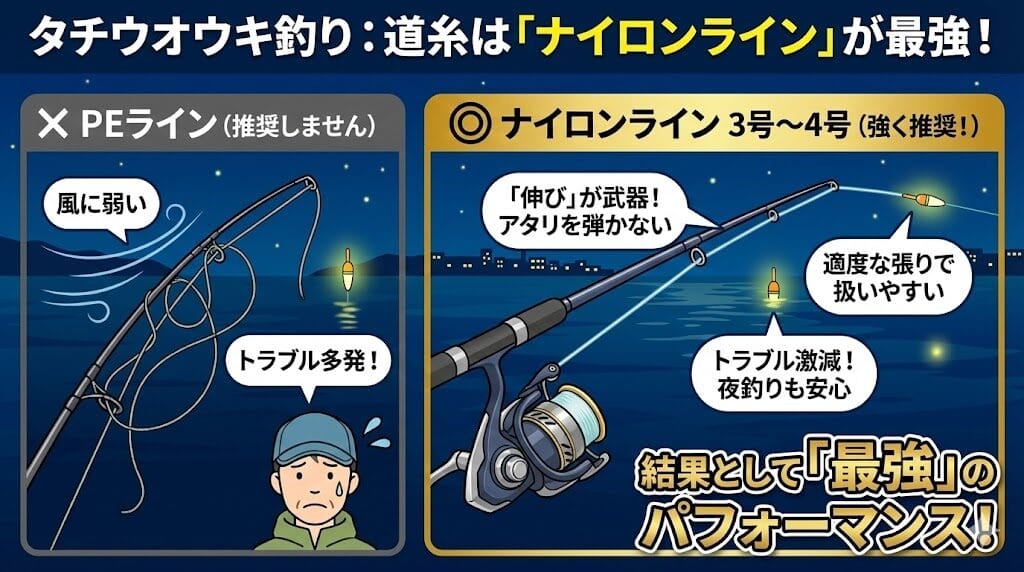 タチウオのウキ釣りはナイロンラインが良い