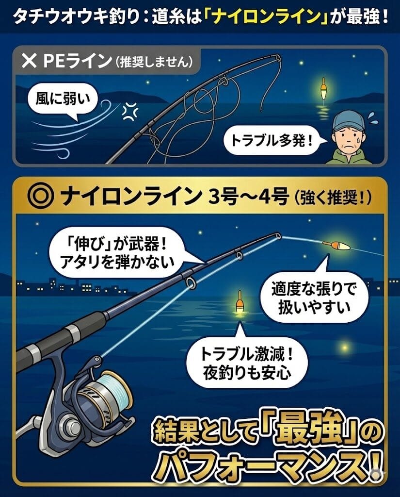 タチウオのウキ釣りはナイロンラインが良い