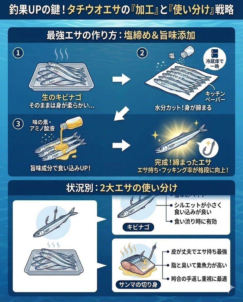 タチウオ釣りに最適なキビナゴやサンマなどエサの加工と付け方