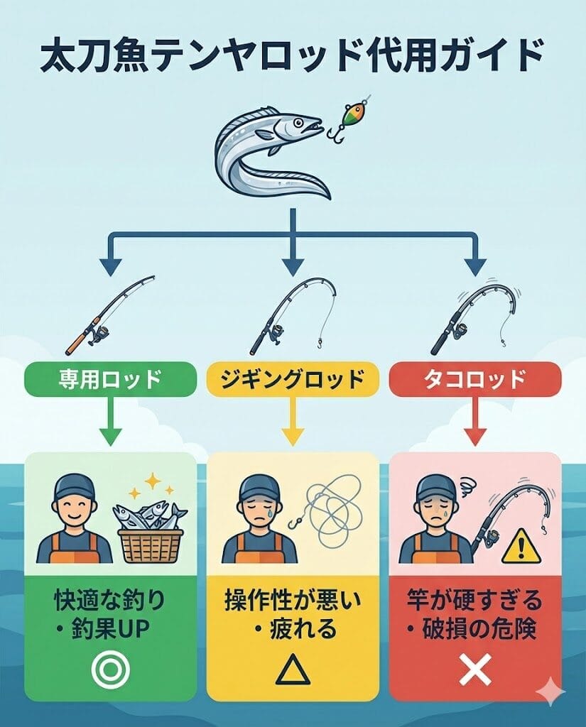 太刀魚テンヤロッド代用！ジギングロッドやタコロッドは使える？