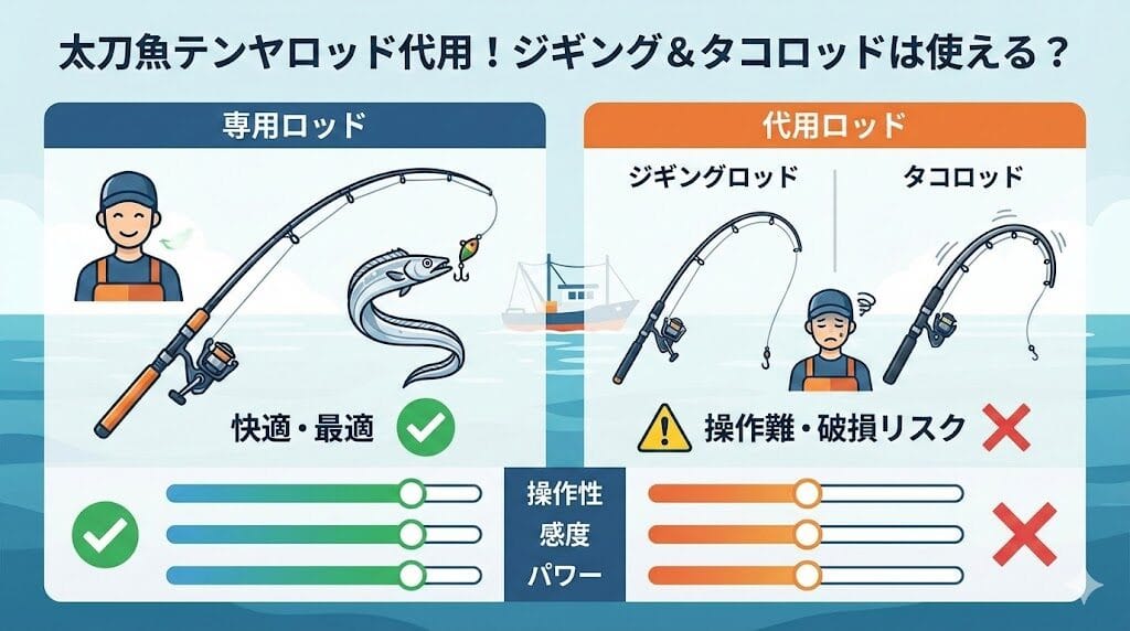 太刀魚テンヤロッド代用！ジギングロッドやタコロッドは使える？