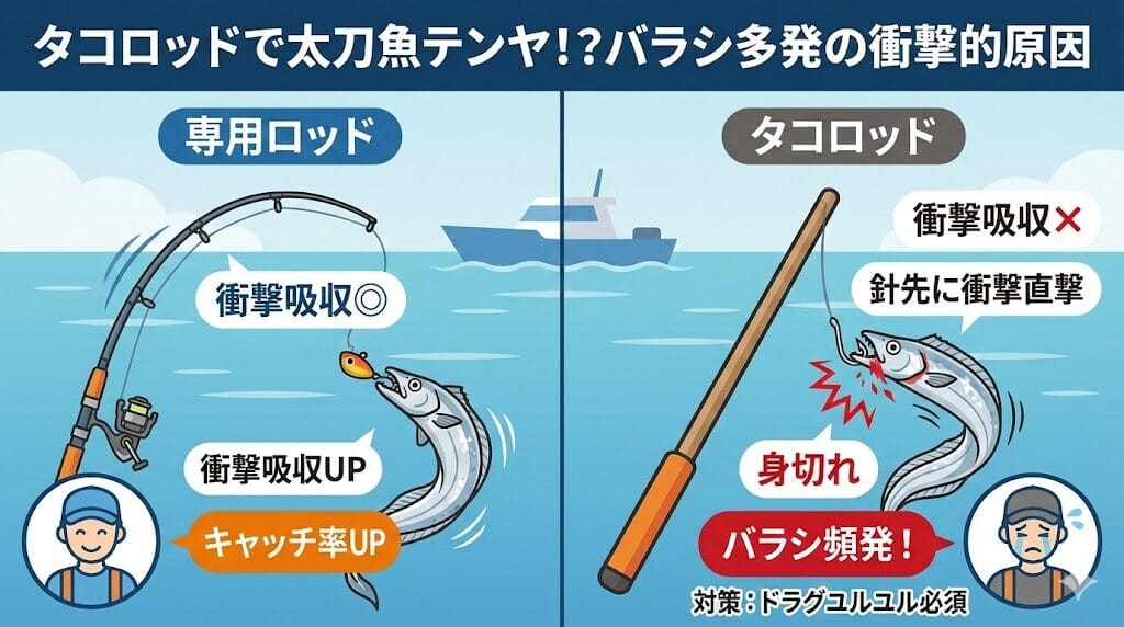 タコロッドを太刀魚に使うとバラシ多い原因