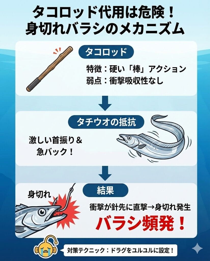 タコロッドを太刀魚に使うとバラシ多い原因