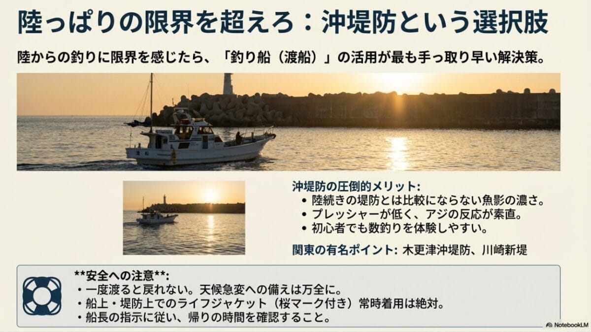 陸っぱりの限界を超える沖堤防と釣り船（渡船）の活用