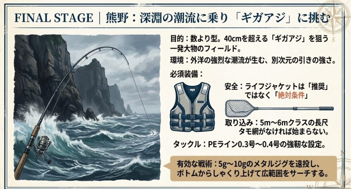 熊野エリアのギガアジ攻略：外洋の潮流に挑むための安全装備とスタイル