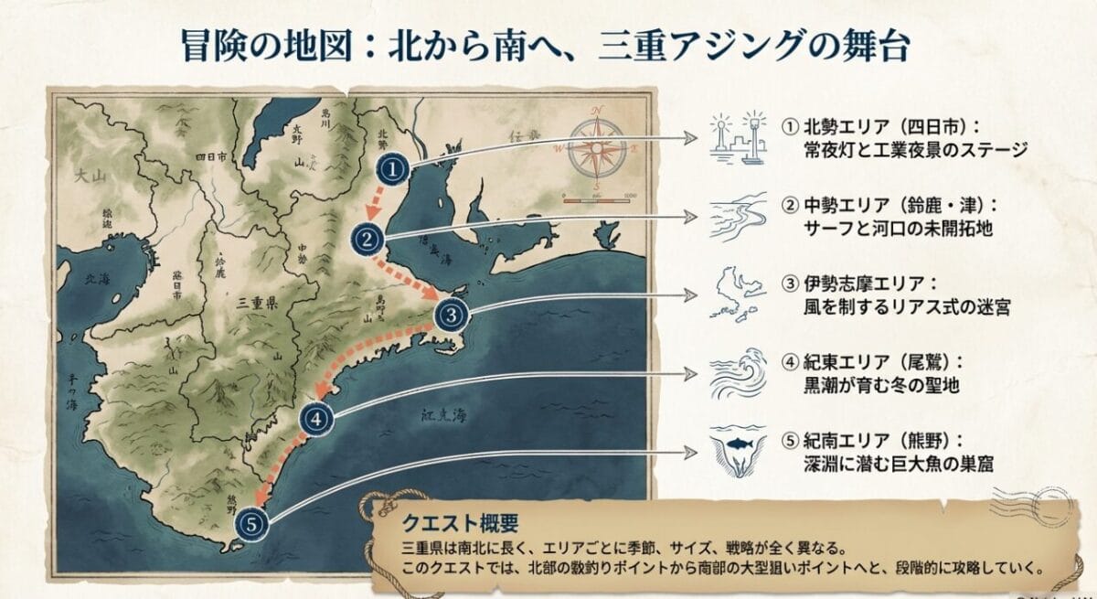 三重県アジング攻略マップ：北勢から紀南まで5つの主要エリアと特徴