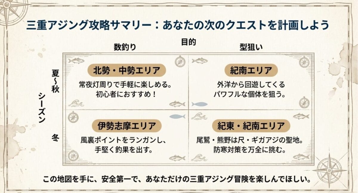 三重県アジング攻略サマリー表：季節とエリア別のターゲットと推奨スタイル