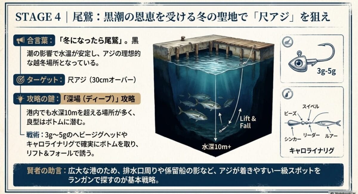 水深10m以上の深場攻略イメージ図：ボトムでのリフト＆フォールアクション