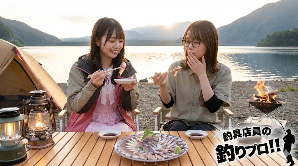 キャンプ場の湖畔で、テーブルに広げた刺身を楽しそうに食べる2人の女性