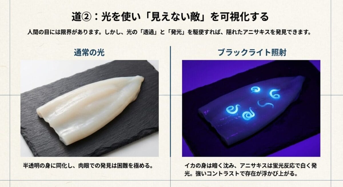 通常の光では見えないが、ブラックライト照射で青白く光るイカのアニサキスの比較写真