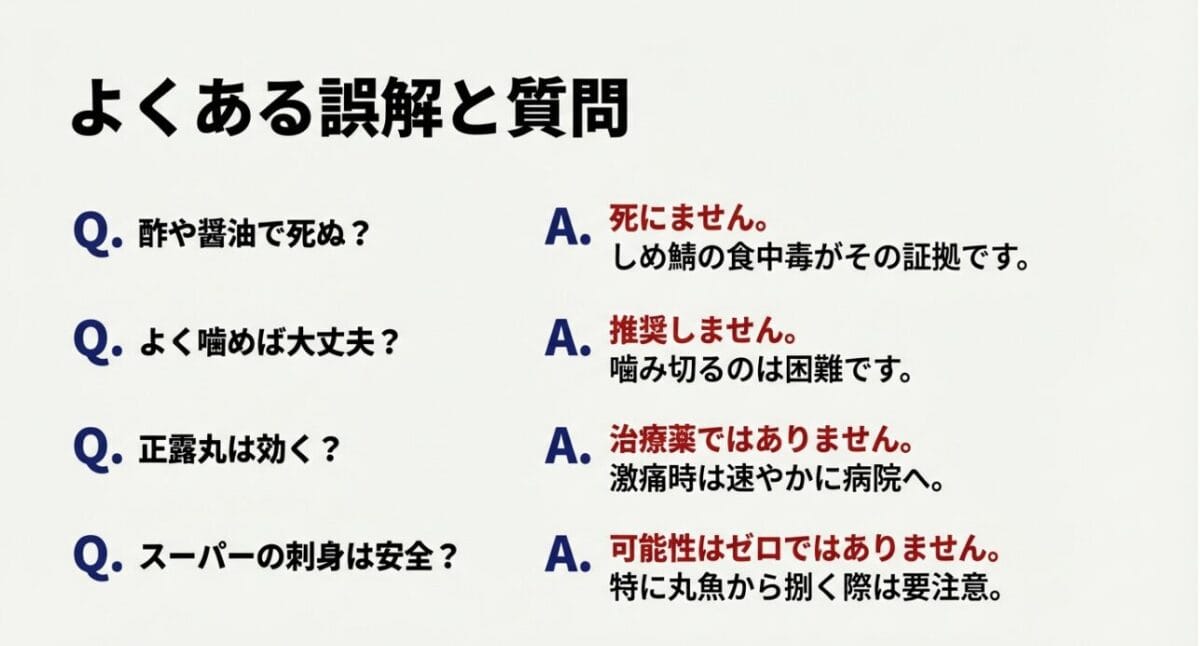 アニサキスに関する酢、噛む、正露丸などの効果についてのQ&Aまとめ