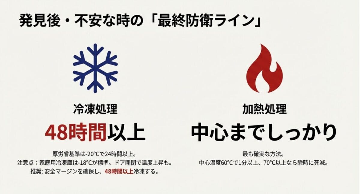 アニサキスを死滅させるための冷凍条件（-20℃24時間以上）と加熱条件（70℃以上）のアイコン