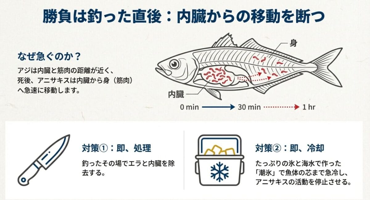 アジの死後、時間経過とともに内臓から筋肉へアニサキスが移動する図解