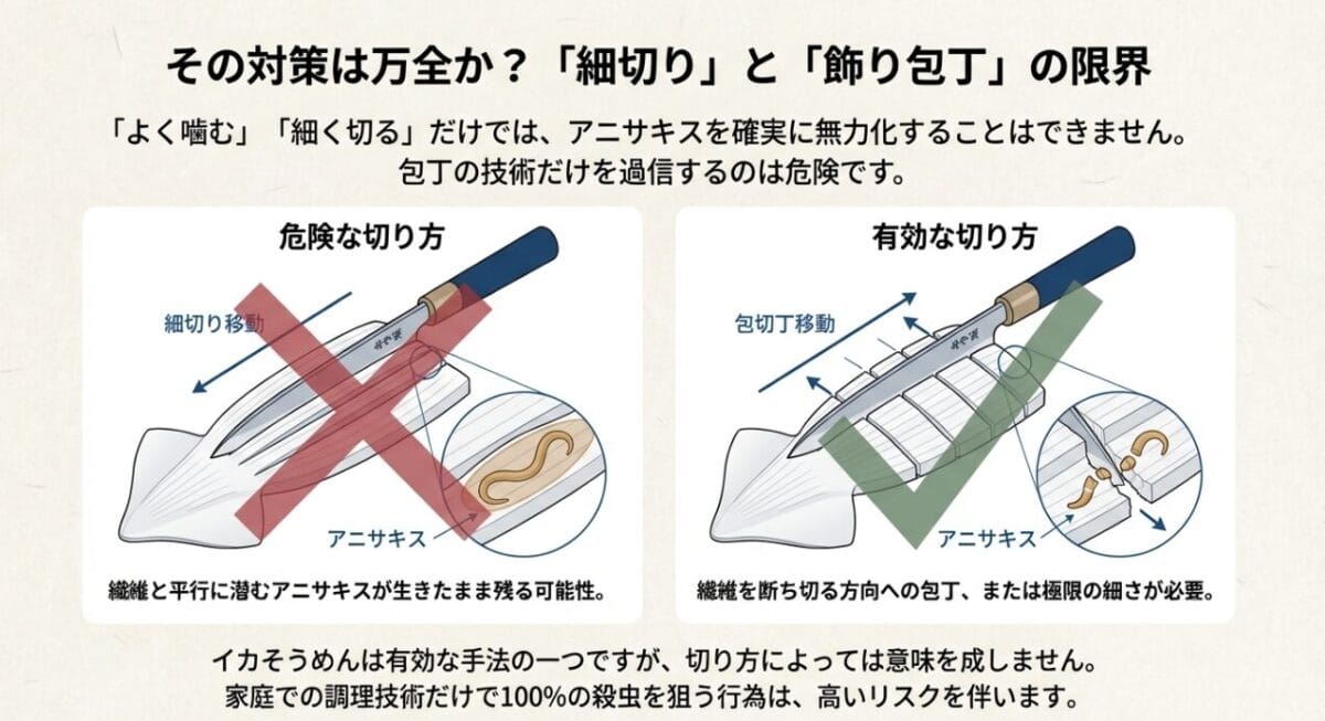 繊維に沿った危険な切り方と、繊維を断ち切る有効な切り方の比較図