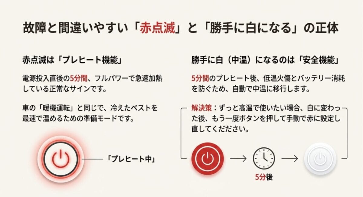 電源投入直後の赤点滅は急速加熱のサインであり、5分後に自動で白（中温）に切り替わる仕様を図解