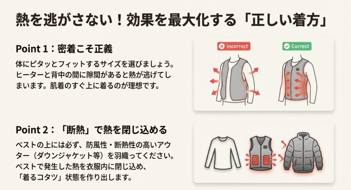 体に密着させるサイズ選びと、上からアウターを羽織って断熱する「着るコタツ」状態の作り方解説