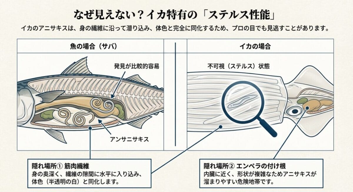 魚の内臓にいるアニサキスと比較し、イカの筋肉繊維やエンペラの付け根に隠れる様子を図解