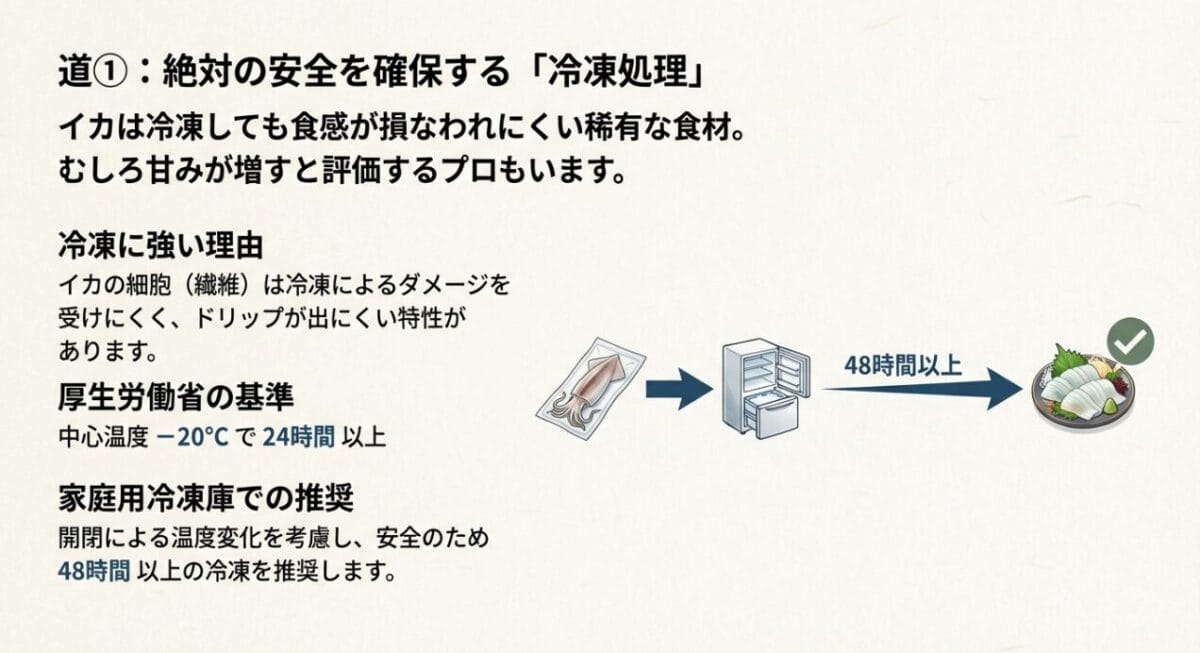 家庭用冷凍庫でのイカのアニサキス対策設定