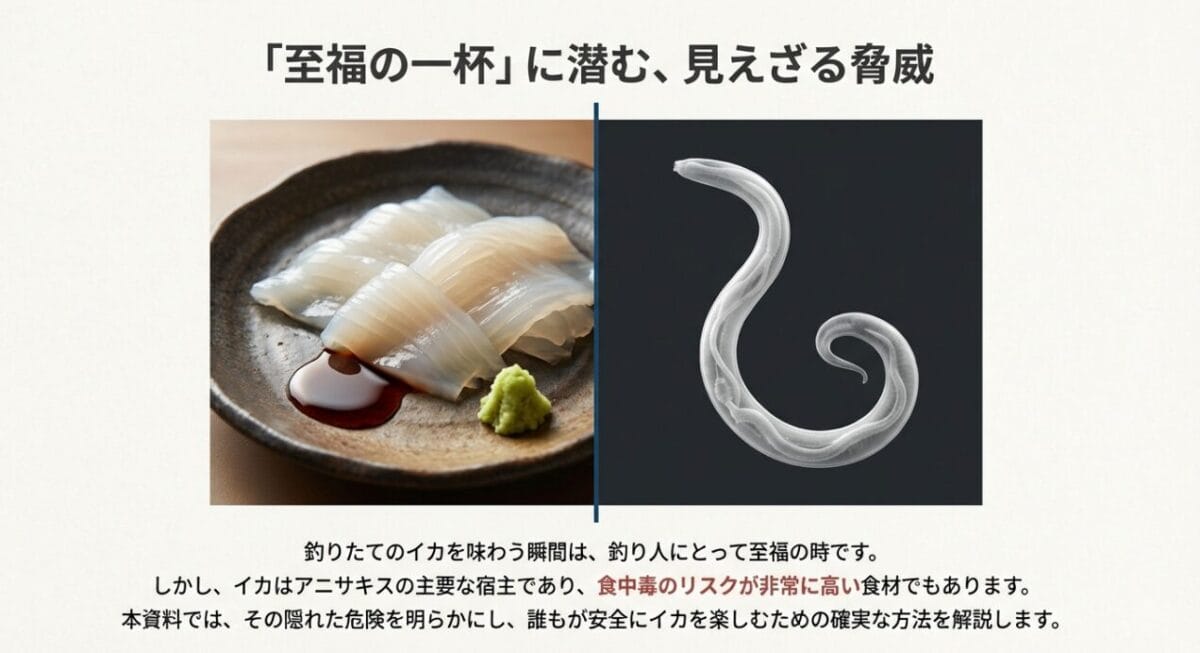 イカの刺身の盛り合わせと、電子顕微鏡で撮影されたアニサキスの拡大写真の比較