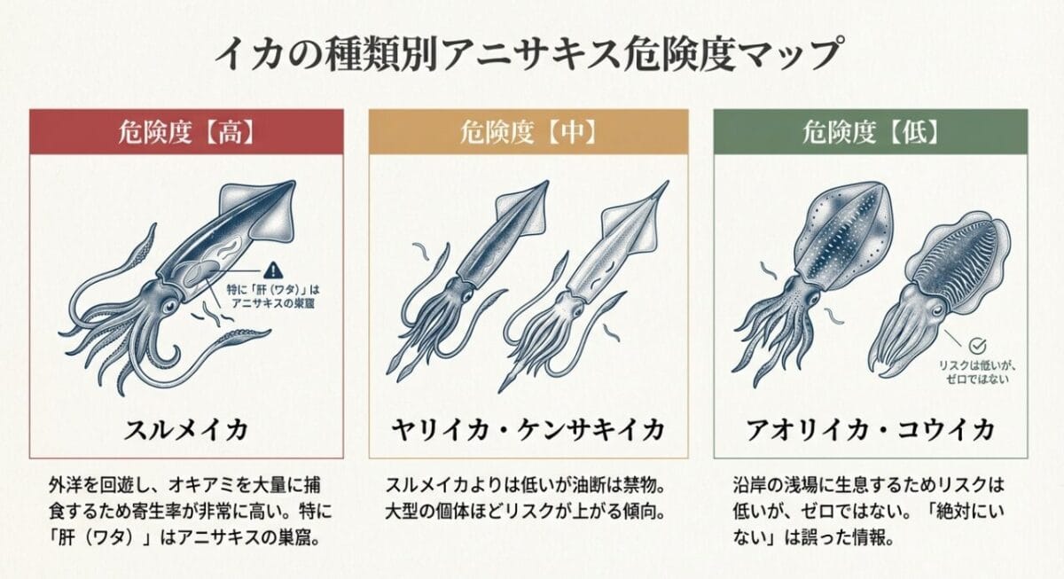 スルメイカは危険度「高」、ヤリイカは「中」、アオリイカは「低」と分類したイラスト図解