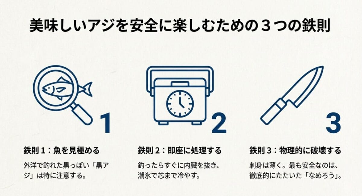 アジを安全に楽しむための3つの鉄則：見極め、即処理、物理破壊