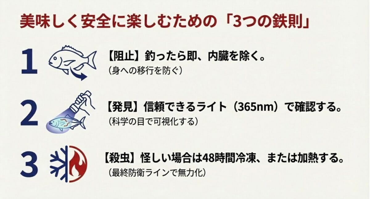 アニサキス食中毒を防ぐ3つの鉄則（内臓除去・ライト確認・冷凍加熱）