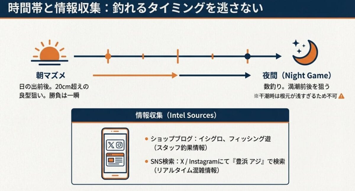 豊浜漁港のアジングで狙い目の時間帯（朝マズメ・夜間）と釣果情報の集め方。
