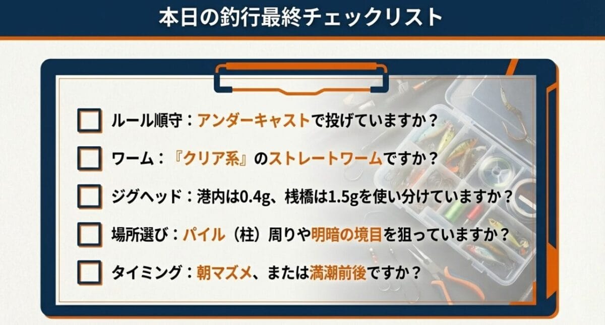 豊浜漁港アジング釣行前の最終チェックリスト。ルール、装備、場所選びの確認。