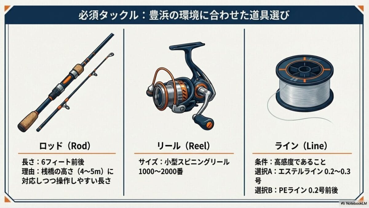 豊浜漁港の環境に合わせたアジングタックル図解。ロッド、リール、ラインの推奨スペック。