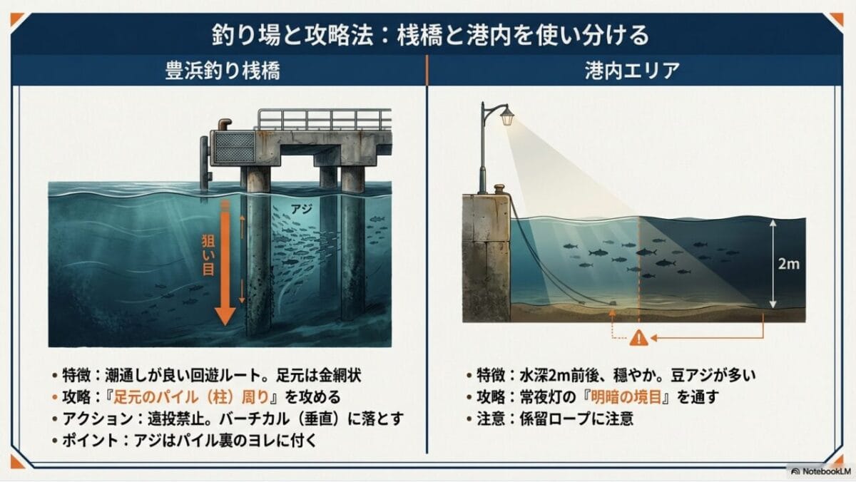 豊浜釣り桟橋と港内エリアの攻略ポイントマップ。パイル周りと常夜灯の狙い方を解説。