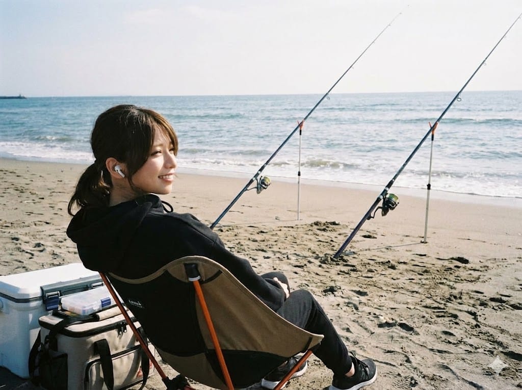 オーディブルを聴きながら、魚のアタリをまつ女性